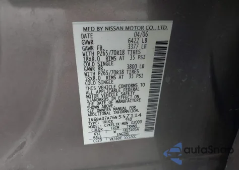 2006 Nissan Titan Se из США, поврежденный, VIN 1N6BA07A76N557114